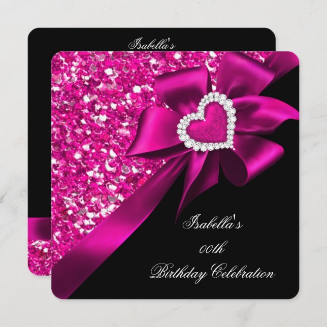 Glitzer Hot Pink Heart Bow Black Birthday Party 2 Einladung (Vorne/Hinten)