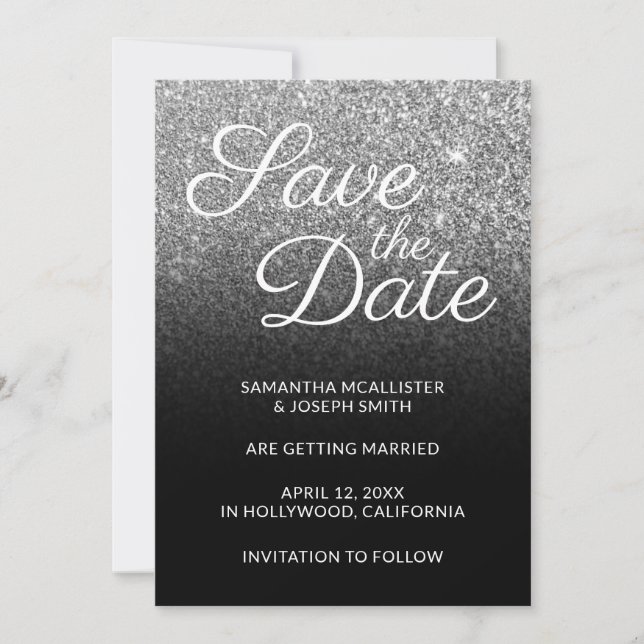 Glitzer in Schwarz und Silber Ombre Save the Date Einladung (Vorderseite)