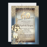 Glitzer Kleid, Balloons, blaue Metallik 60. Einladung<br><div class="desc">Elegantes silbernes Kleid,  Ballons,  Weingläser,  silberne Glitzer-High Heels auf blauem metallischem Hintergrund.</div>