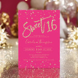 Glitzer Konfetti Neon Pink Sweet 16 Foto Einladung<br><div class="desc">Moderne,  schicke und elegante gelbe Glitzer ombre Party Einladung 16 Geburtstag Glitzer mit einer modernen 16 Typografie mit gelbem goldenen Glitzern Glitzer auf einem bearbeitbaren hellen neonrosa Hintergrund und Konfetti. Fügen Sie Ihr Foto auf der Rückseite oder verließ einen rosa Hintergrund. Perfekt für die Prinzessin Thema Sweet 16!</div>