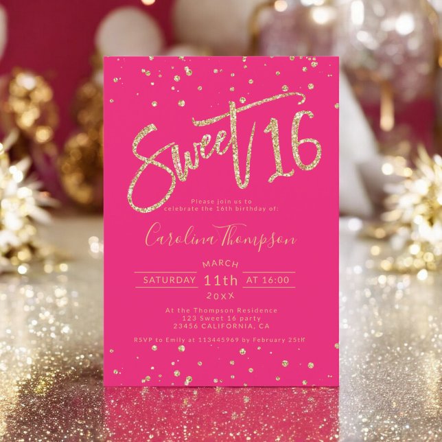 Glitzer Konfetti Neon Pink Sweet 16 Foto Einladung (Gold glitter confetti neon pink Sweet 16 photo Invitation)