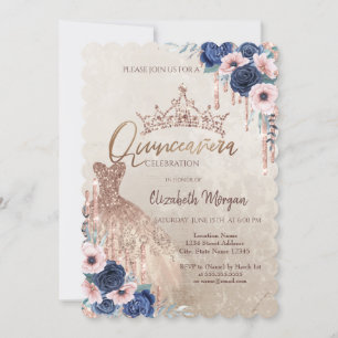 Glitzer Kronen-Tropfen, Kleid, blaue Rose Quinceañ Einladung