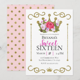 Glitzer Kronenblumendots Süß 16 Party Einladung