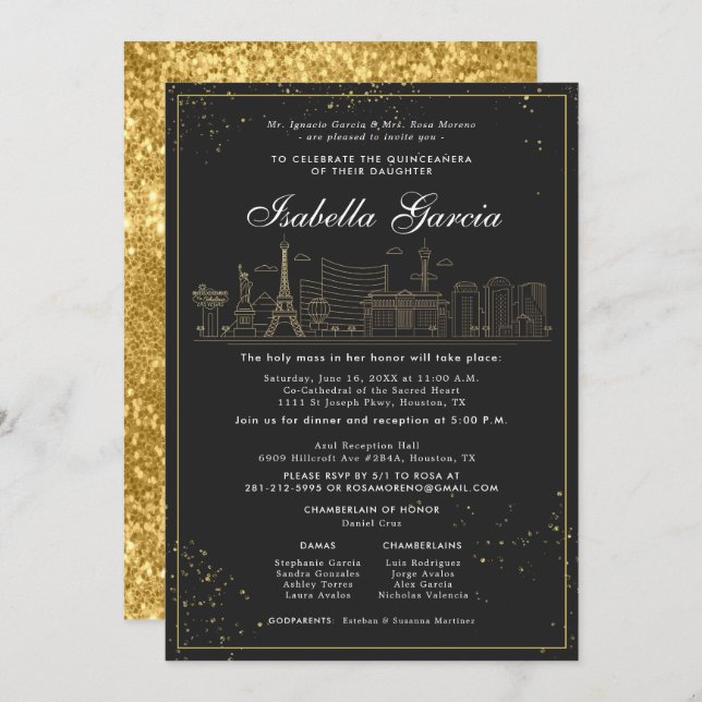 Glitzer Las Vegas Quinceñera Geburtstag Einladung (Vorne/Hinten)