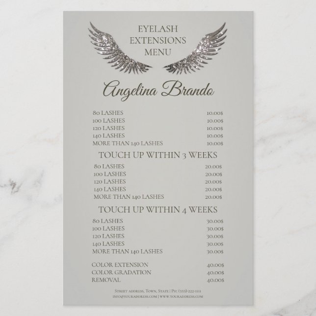 Glitzer Lashes Eyelash Erweiterungen Graue Preisli Flyer (Vorne)