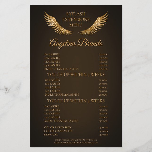 Glitzer Lashes Eyelash Extensions Braune Preislist Flyer (Vorne)