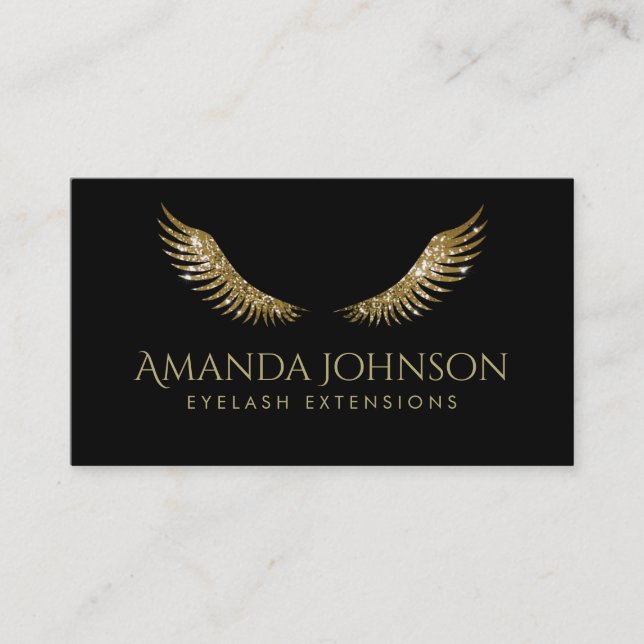 Glitzer Lashes White Gold Wings Simple Black Card Visitenkarte (Vorderseite)
