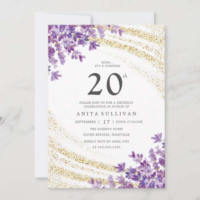 Glitzer Lavender Floral 20. Geburtstag Einladung (Vorderseite)
