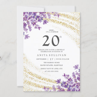 Glitzer Lavender Floral 20. Geburtstag Einladung