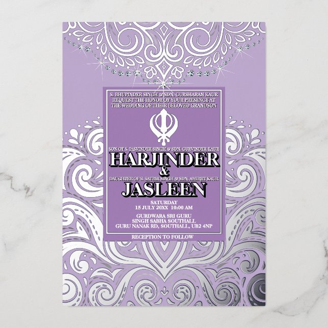Glitzer Lavender Silver Sikh Anand Karaj Wedding Folieneinladung (Vorderseite)