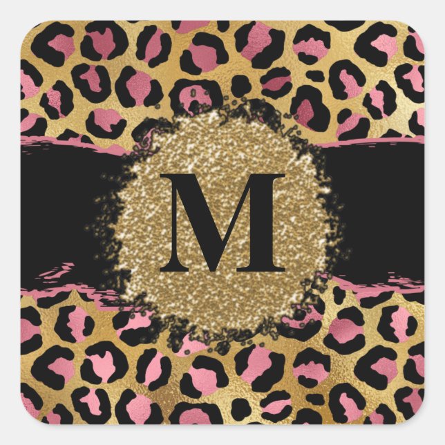 Glitzer-Leopard-Druck in Rosa und Gold Quadratischer Aufkleber (Vorderseite)