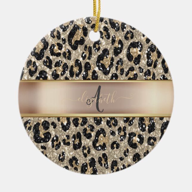 Glitzer Leopard Muster Monogram Keramik Ornament (Vorne)