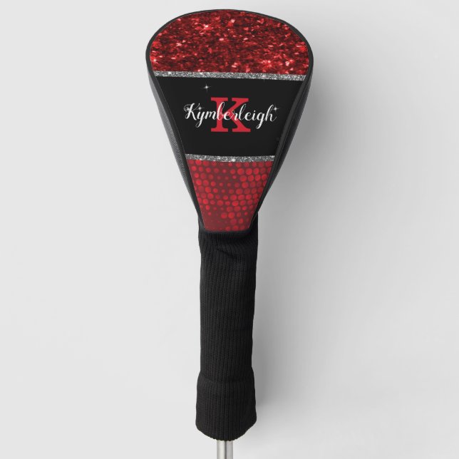 Glitzer Lights Monogram Name in Deep Red Imitats Golf Headcover (Vorderseite)