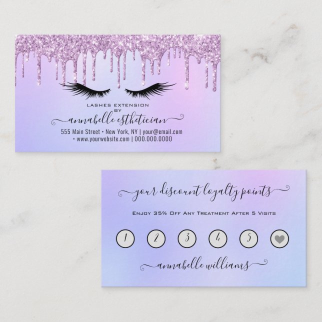 Glitzer Lila Eyelash Extension Loyalty Business Visitenkarte (Vorne/Hinten)