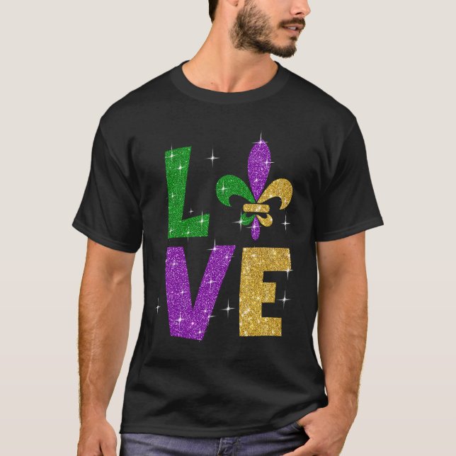 Glitzer Lila Gold Liebe Letter Mardi Gras Festiva T-Shirt (Vorderseite)