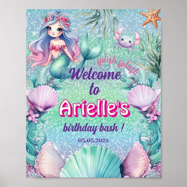 Glitzer Lila Mermaid Geburtstag Poster (Vorne)