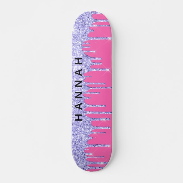 Glitzer Lila Tropfen Personalisiert Hot Pink Skateboard (Vorne)