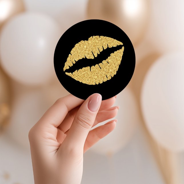 Glitzer-Lippen aus Schwarz und Gold Runder Aufkleber (Black and Gold Glitter Lips Classic Round Sticker)