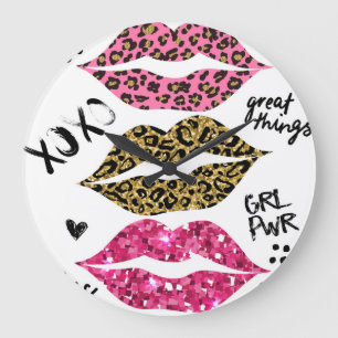 Glitzer Lips: modische Leopard-Printwerbung Große Wanduhr