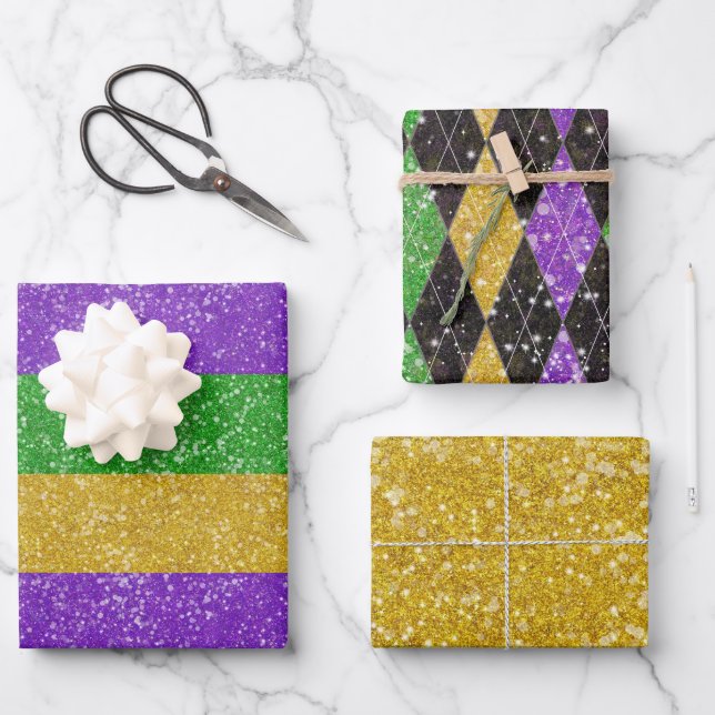 Glitzer Mardi Gras Harlequin Raute Streifen Geschenkpapier Set (Vorderseite)