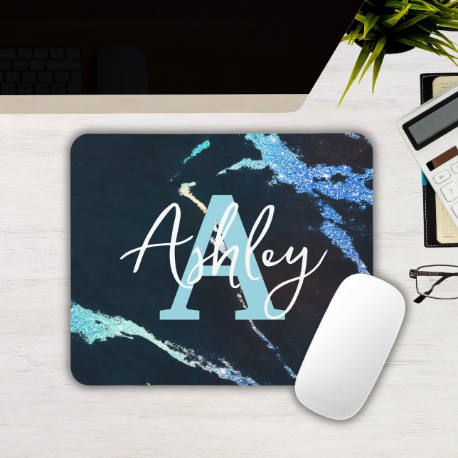 Glitzer-Marmor-Blau personalisierte Monogramm-Maus Mousepad (Custom Monogrammed Blue Glitter Marble Mousepad
)