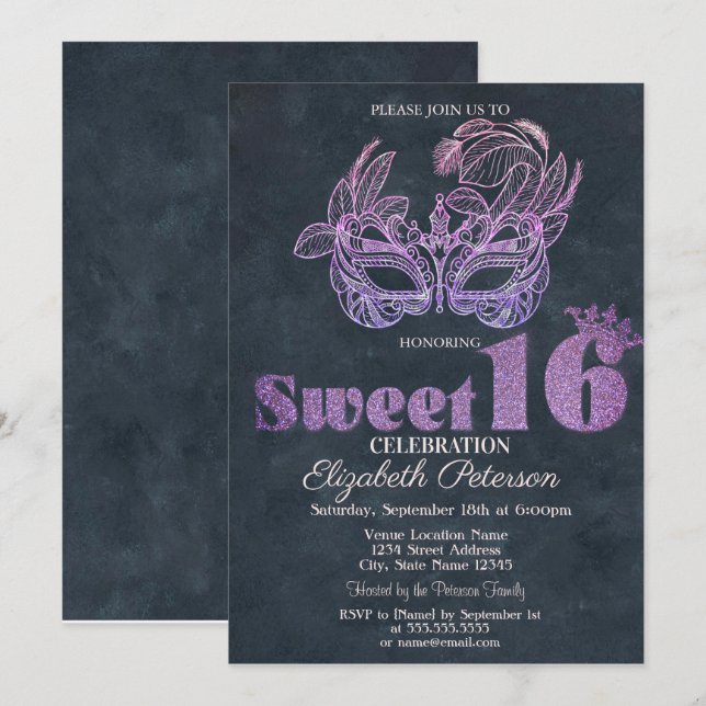 Glitzer Masque Violet Sweet 16 Einladung (Vorne/Hinten)
