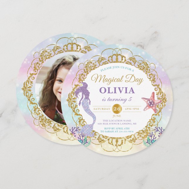 Glitzer Meerjungfrau unter dem Meer Geburtstag Fot Einladung (Vorne/Hinten)
