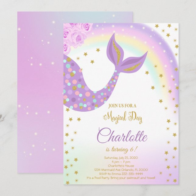 Glitzer Mermaid Schwanz Geburtstagsaufenthalt Einladung (Vorne/Hinten)