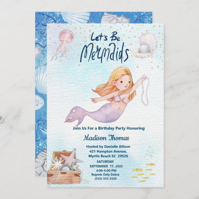 Glitzer Mermaid Under Sea Birthday Party Einladung (Vorne/Hinten)