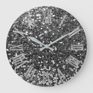 Glitzer Metallic römische Zahlen Silver Graphit Gr Große Wanduhr