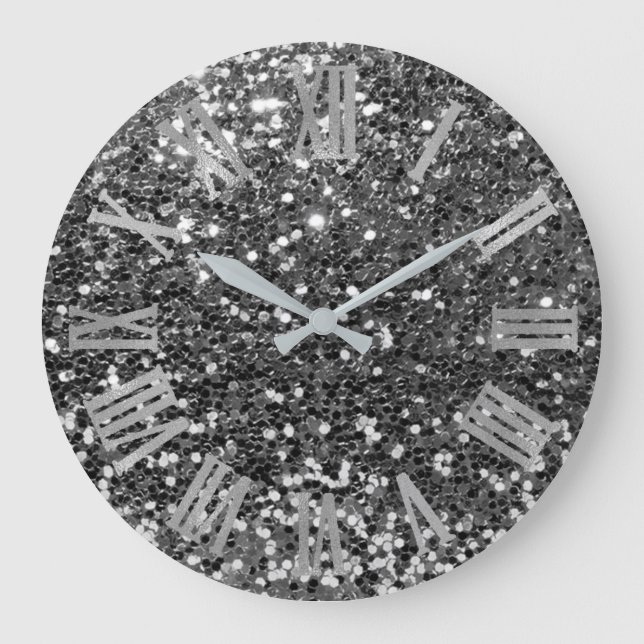 Glitzer Metallic römische Zahlen Silver Graphit Gr Große Wanduhr (Vorderseite)