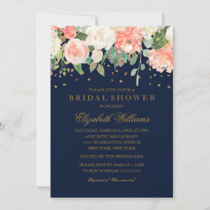 Glitzer mit floralem Sparkling Peach Navy Brautpar Einladung