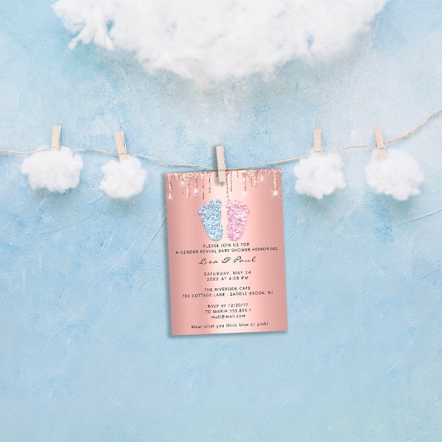 Glitzer mit offenem Geschlecht Pink Blue Tropfen B Einladung (Gender Reveal Feet Glitter Pink Blue Drip Boy Girl Invitation)