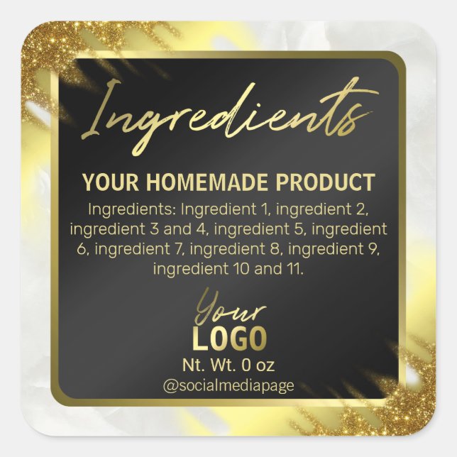 Glitzer mit schwarzen und goldenen Markenbezeichnu Quadratischer Aufkleber (Vorderseite)