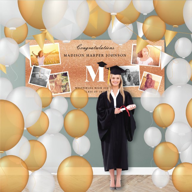 Glitzer Monogramm 6 Foto Graduationspartei für Kup Banner (Copper Glitter Name Monogram 6 Photo Chic Graduation Party Banner @ www.zazzle.com/color_therapy)