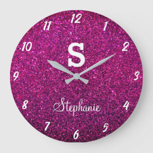 Glitzer Monogramme Lila Pink Modernes Geschenk Gab Große Wanduhr