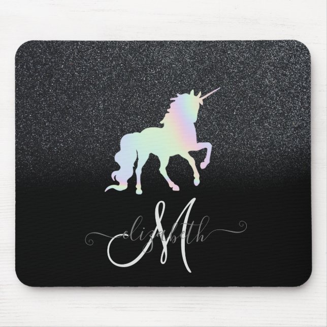 Glitzer Ombre Black Monogram Holographic Unicorn Mousepad (Vorne)