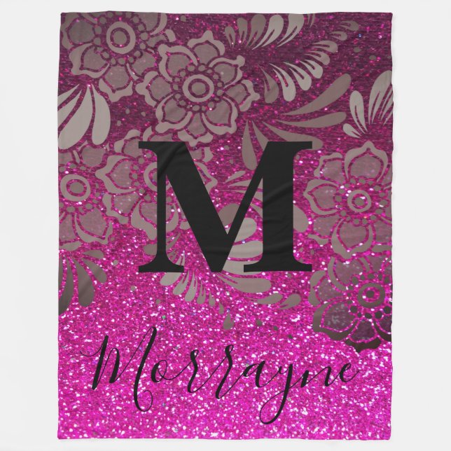 Glitzer Ombre Boho Chic Floral Monogram Fleecedecke (Vorderseite)