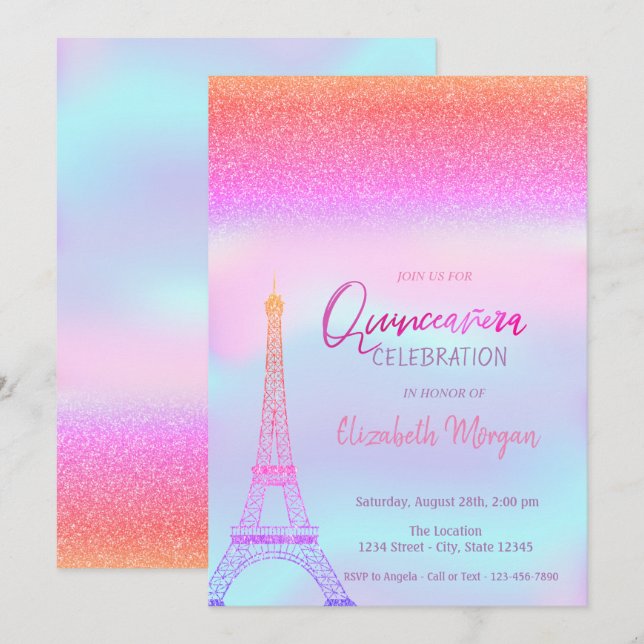 Glitzer Ombre, Holografy Eiffel Tower Quinceanera Einladung (Vorne/Hinten)