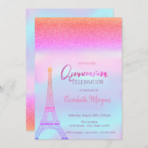 Glitzer Ombre, Holografy Eiffel Tower Quinceanera Einladung