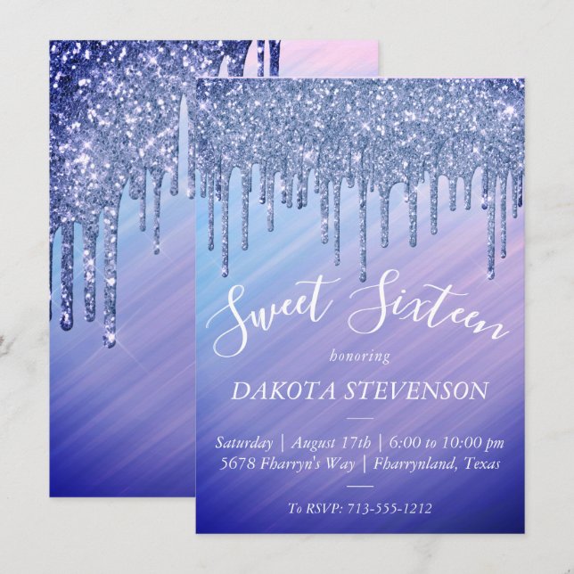 Glitzer | Ombre Lila Blue 16 . Geburtstag Einladung (Vorne/Hinten)