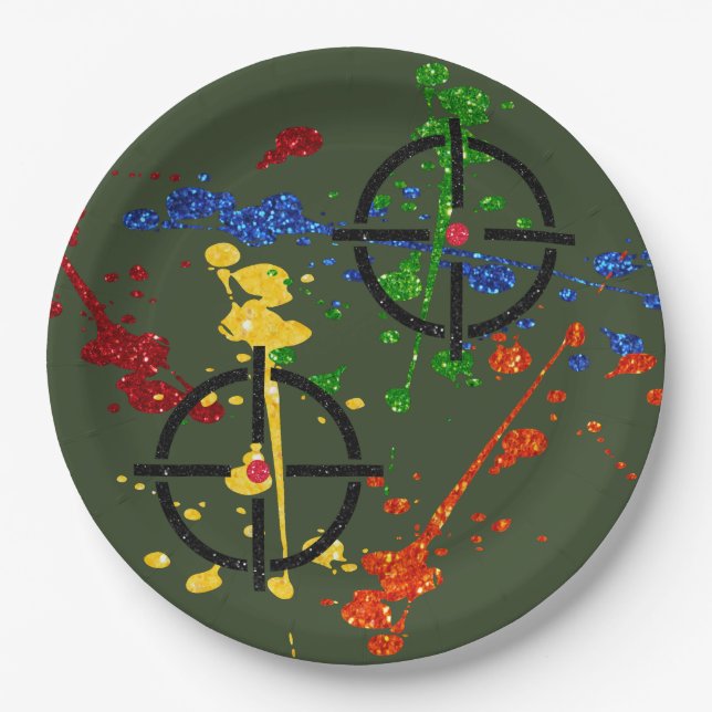 Glitzer Paintball Party Zielvorgaben Papierfächer  Pappteller (Vorderseite)