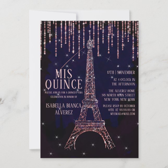 Glitzer Paris Eiffel Tower Quinceñera Einladung (Vorderseite)