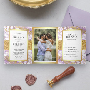 Glitzer Pastel Lavendel Marble Foto Hochzeit Dreifach Gefaltete Einladung