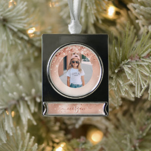 Glitzer Peach Rose Gold Monogram Foto Banner-Ornament Silber