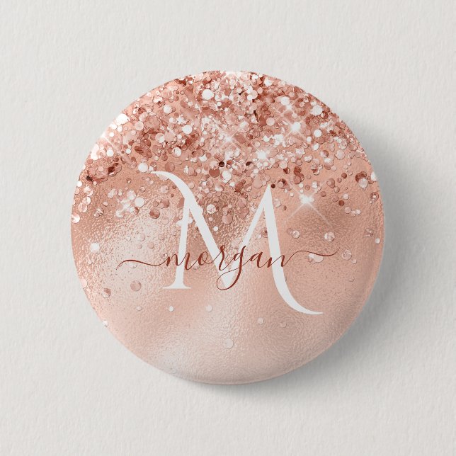 Glitzer Peach Rose Gold Monogramm Button (Vorderseite)