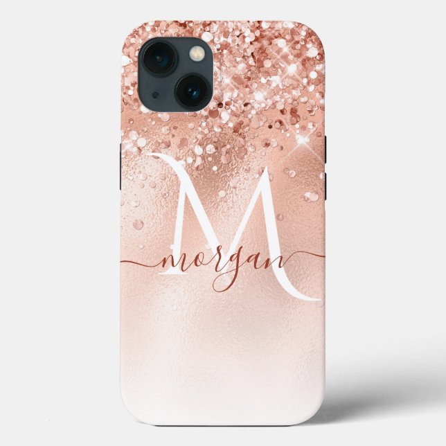 Glitzer Peach Rose Gold Monogramm Case-Mate iPhone Hülle (Rückseite)
