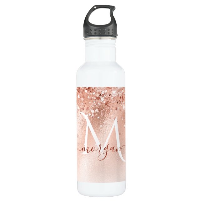Glitzer Peach Rose Gold Monogramm Edelstahlflasche (Vorderseite)