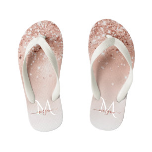 Glitzer Peach Rose Gold Monogramm Kinderbadesandalen