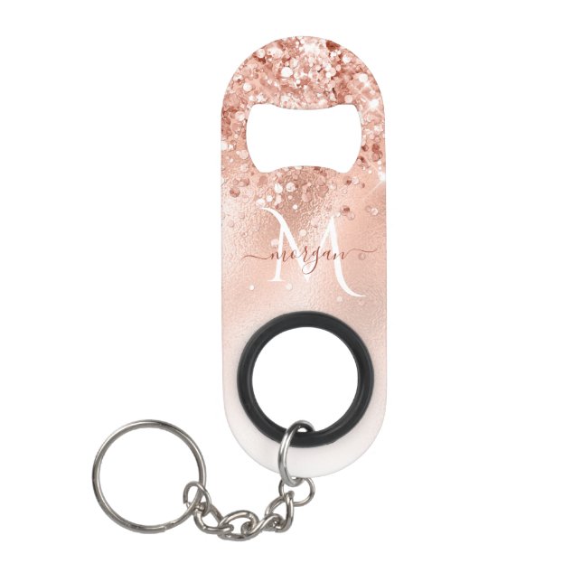 Glitzer Peach Rose Gold Monogramm Mini Flaschenöffner (Vorderseite)